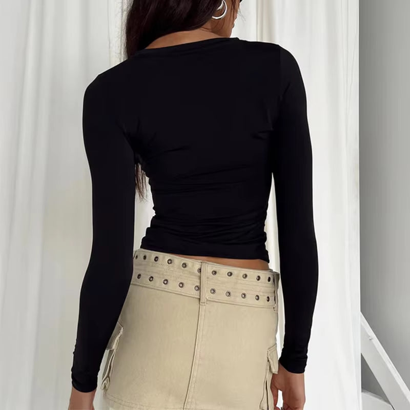 T-shirt à manches longues pour femme, couleur unie, coupe ajustée, décontracté, basique