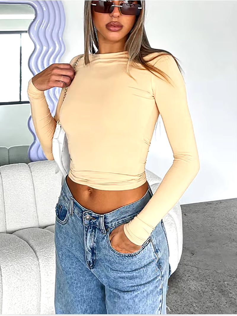 T-shirt à manches longues pour femme, couleur unie, coupe ajustée, décontracté, basique