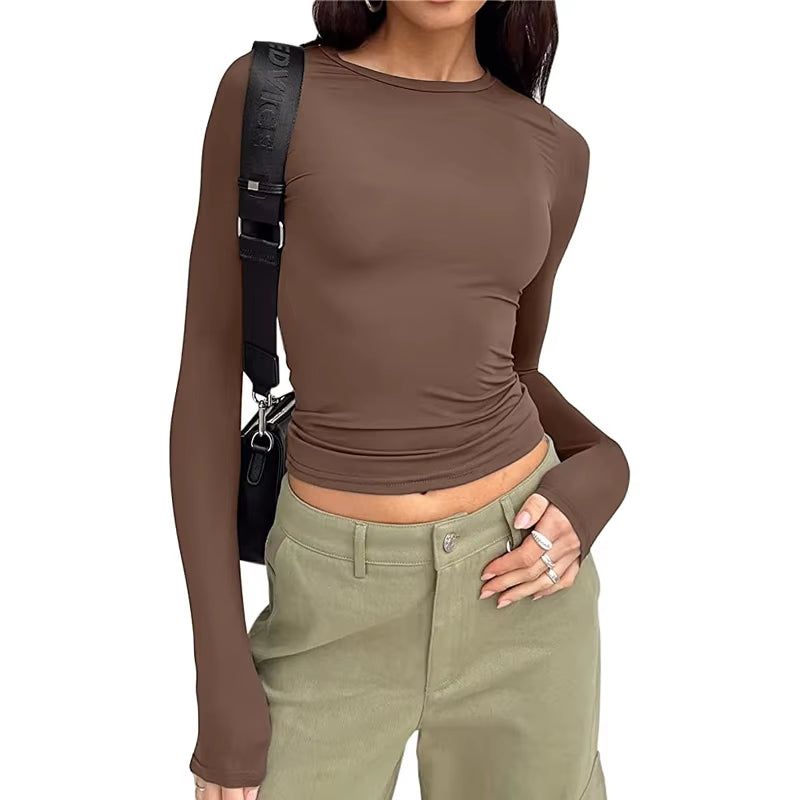 T-shirt à manches longues pour femme, couleur unie, coupe ajustée, décontracté, basique