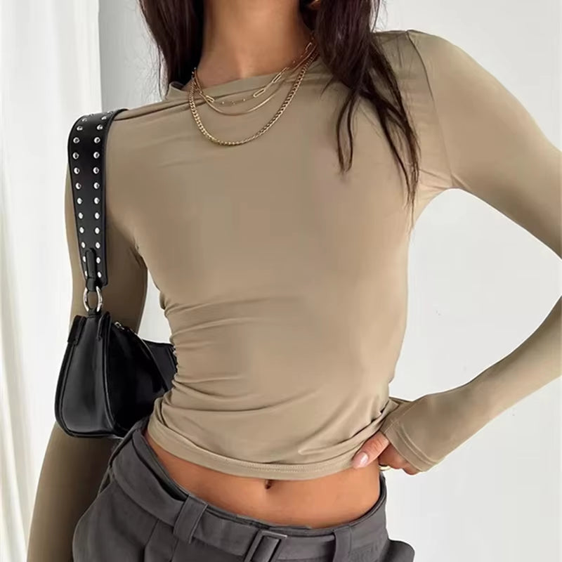 T-shirt à manches longues pour femme, couleur unie, coupe ajustée, décontracté, basique