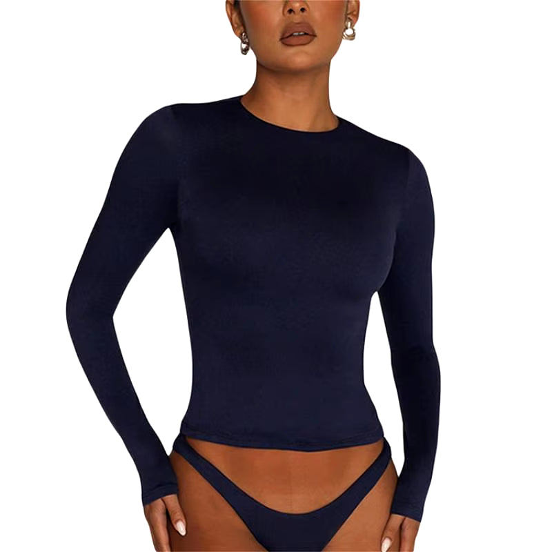 T-shirt à manches longues pour femme, couleur unie, coupe ajustée, décontracté, basique