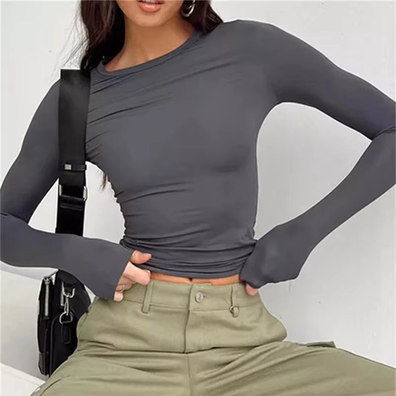 T-shirt à manches longues pour femme, couleur unie, coupe ajustée, décontracté, basique
